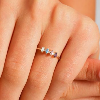 Baguette Family Birthstone Mothers Ring: 14K Solid Gold 2 3 4 5 6 Multi-Gemstone Ring