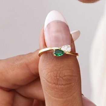 Engraved Birthstone Minimalist Ring | Custom Teardrop Family Gemstone Jewelry | Dainty Personalized Band Ring with Infinity  Crystals